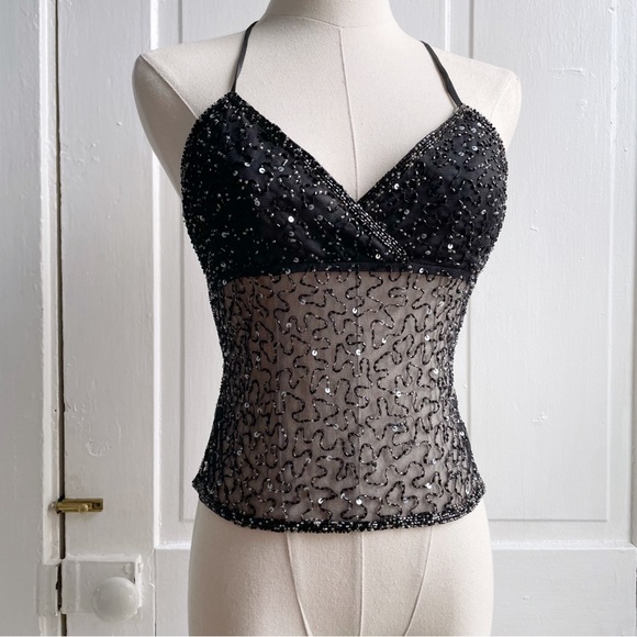 SOLD Vintage 90s/Y2K Beaded Sequin Sheer Mesh Open Back Tie Halter Top - Picture 5 of 7